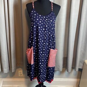 America & Beyond Women’s MIDI Dress Stars & Stripes Adjustable Straps sz L NWT